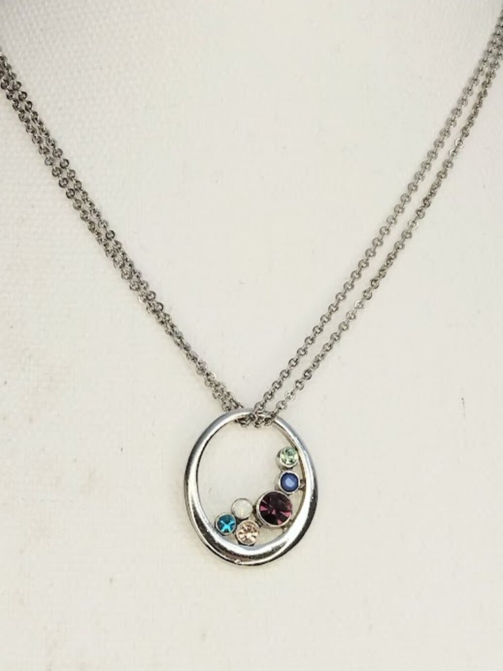 Lia Sophia Necklace Silver Tone Gemstone Circle Pendant with Multi Strand Chain